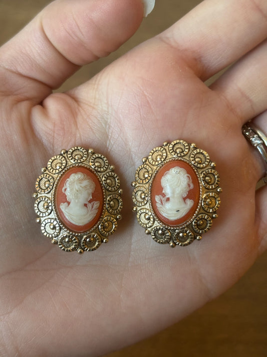 Vintage Orange Cameo Clip-on Earrings