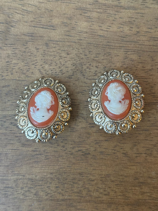 Vintage Orange Cameo Clip-on Earrings